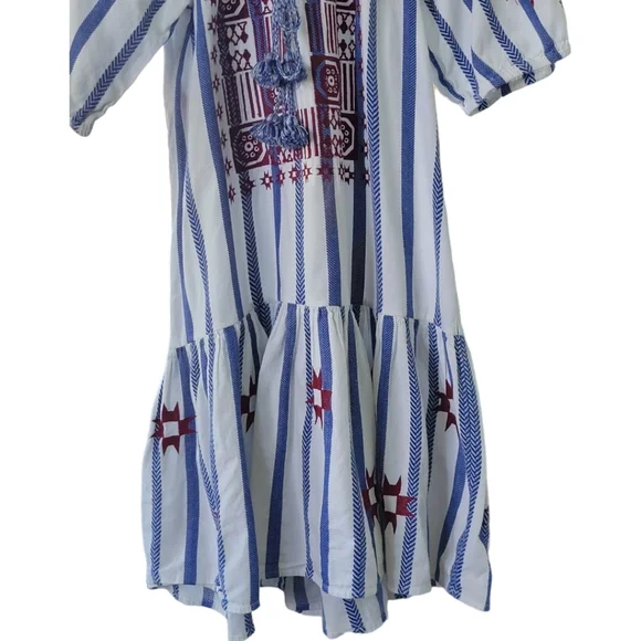 Figue Bria Cotton Tassel Boho Mini Dress Sz S Blue White Burgundy - Picture 10 of 16